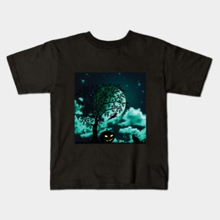 Halloween Cat Under Moonlight and Stars Kids T-Shirt